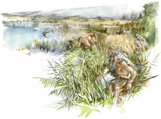 Lebensbild einer Jagdszene wie sie am Paläosee von Schöningen hätte stattfinden können (Illustration: B. Clarys).