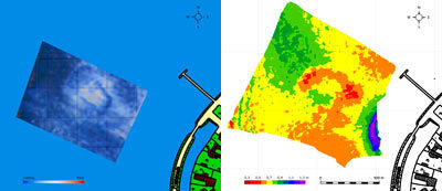 Links geophysikalische Untersuchungen auf der „Burg“. Georadar, 500-MHz. Aufsummierte Amplituden bis 1,35 m Tiefe. Rechts Sedimentsonar, Tiefenkarte. Kartierung der Oberfläche. (Z.T. bearbeitet unter Verwendung von Google Earth).