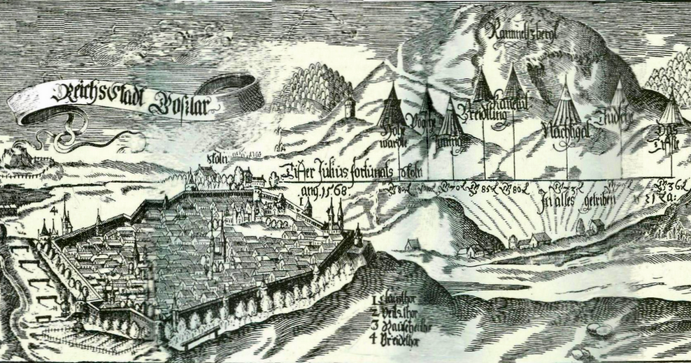 Bergwerksanlagen am Rammelsberg mit Stollennamen, 1606 (Stich von Zacharias Koch)