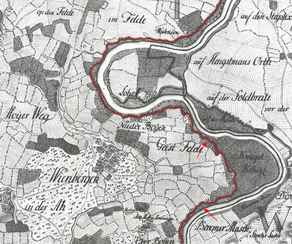 Abb. 1: Der Weserdeich bei Wienbergen 1771 mit den beiden im Text erwähnten erhaltenen Deichabschnitten (Ausschnitt aus Blatt 42 der Kurhannoverschen Landesaufnahme).