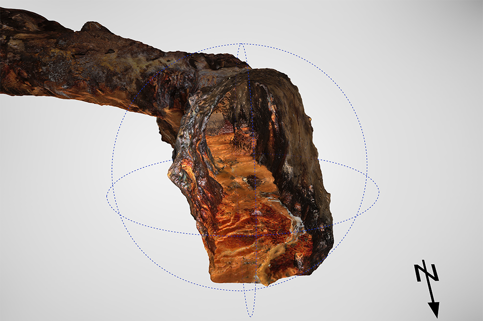 Rendering des angeschnittenen 3D-Modells im Bereich der neu entdeckten Prospektionsstrecken im Rammelsberg aus dem 9./10. Jahrhundert.